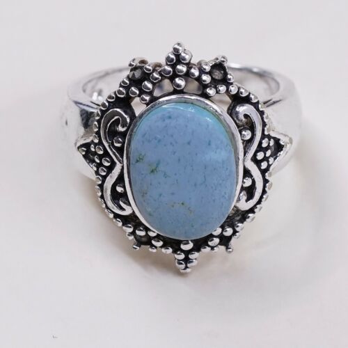 Sz 8, Vtg Sterling Silver Handmade Ring W/ Oval Turquoise N Beads, Stamped 925