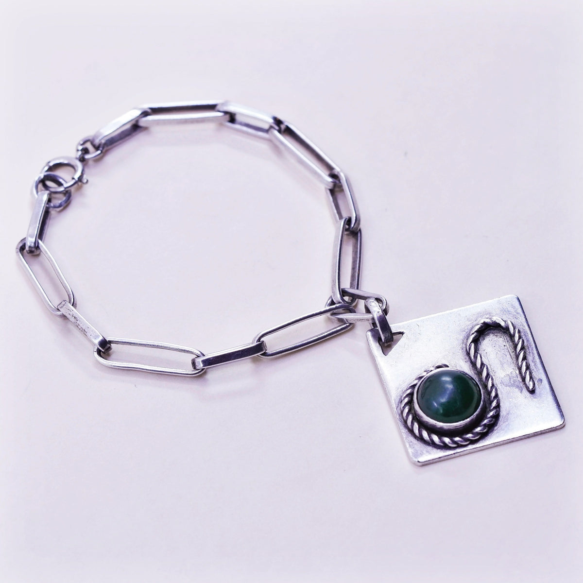 6.25”, vtg sterling silver Handmade elongated chain bracelet square charm jade