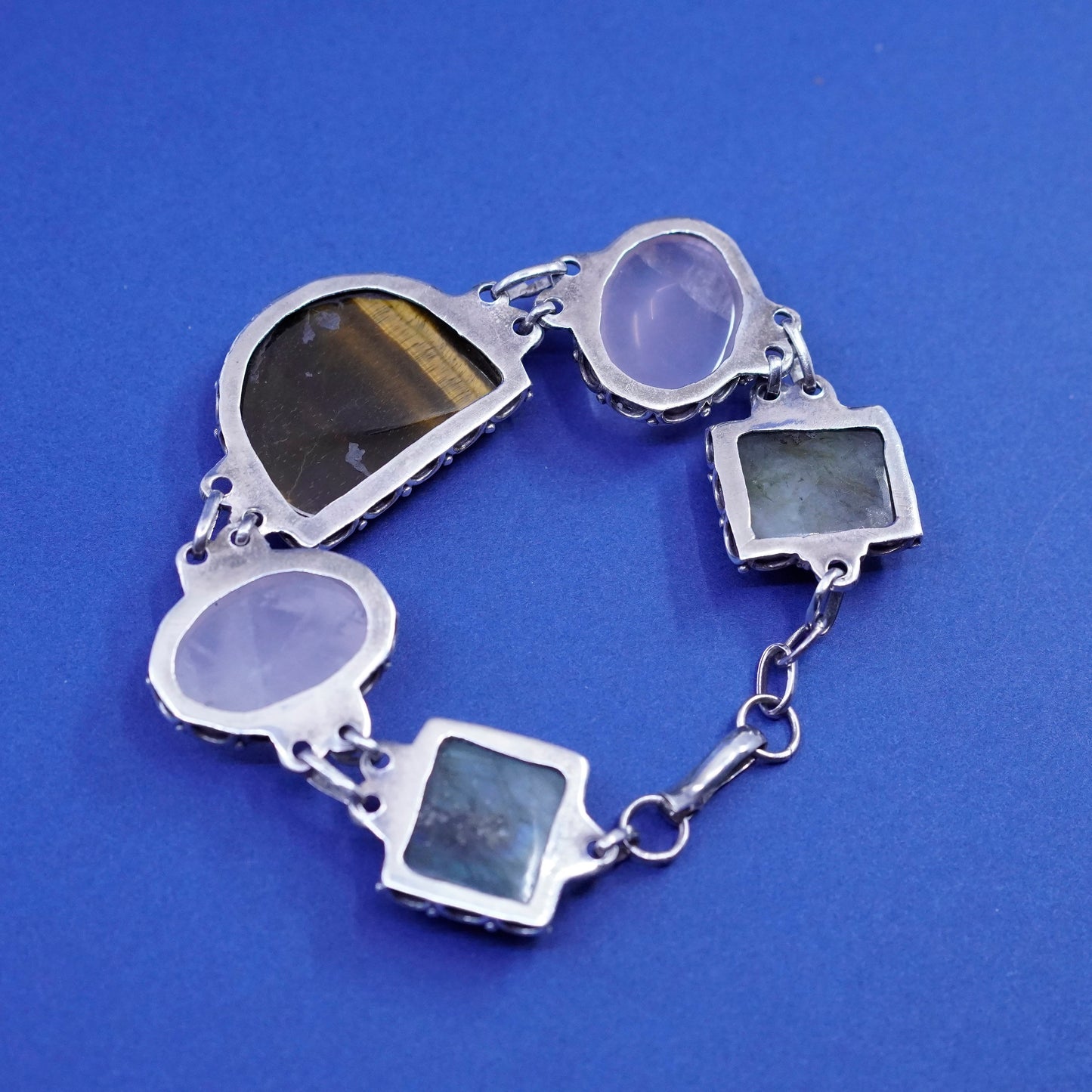 7.75”, sterling silver bracelet, 925 beads golden tiger eye quartz labradorite