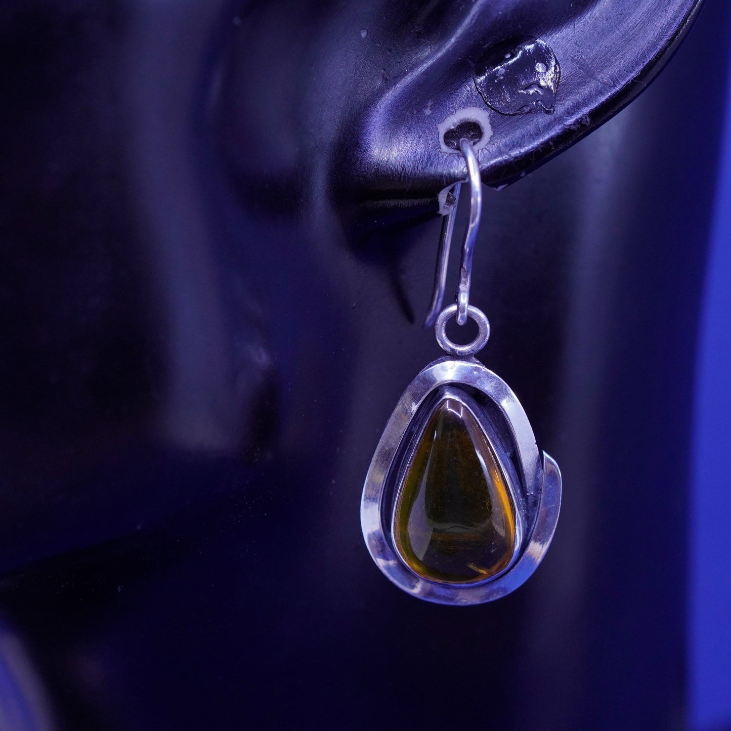 Vintage sterling 925 silver handmade earrings with teardrop amber