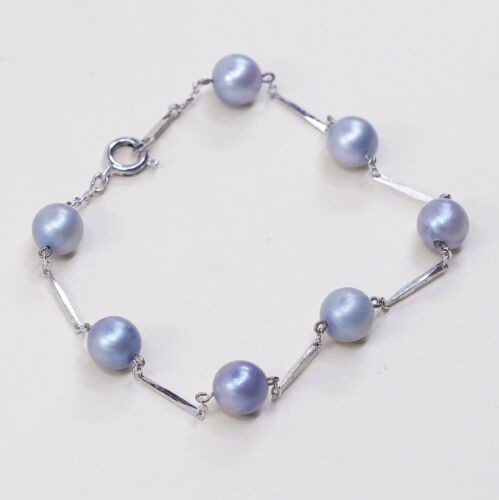 7.5”, Vtg Sterling Silver Handmade bracelet 925 Bar With Blue Pearl Beads