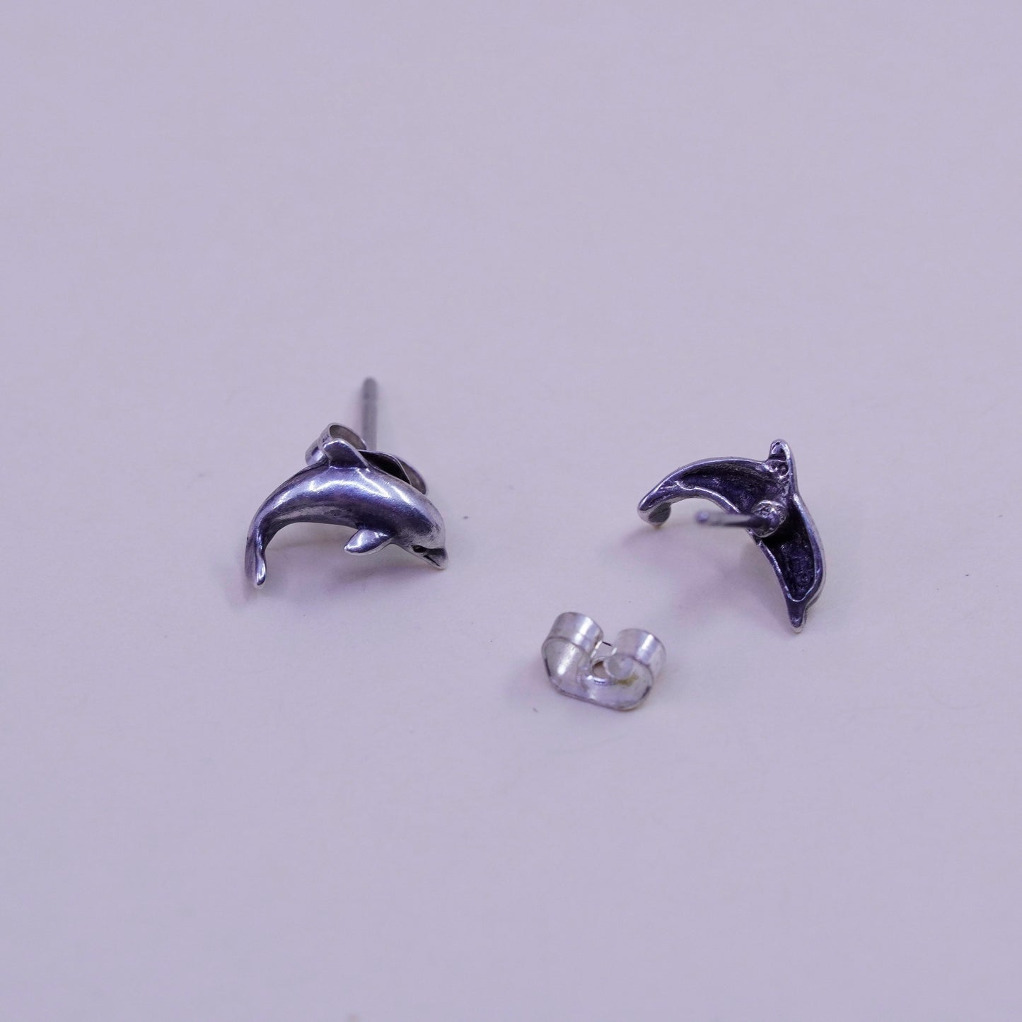 Vintage sterling 925 silver handmade dolphin studs, earrings