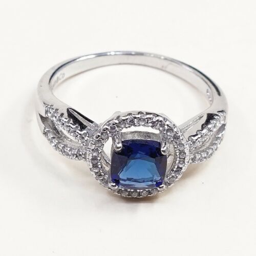 Sz 7.25, Sterling Silver Ring, 925 Silver Engagement Ring W/ blue Sapphire
