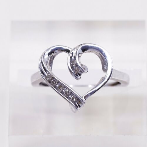 Sz 7.25, Vtg Sterling Fashion Engagement Ring, 925 Heart W/ Diamond, Stamped MAP