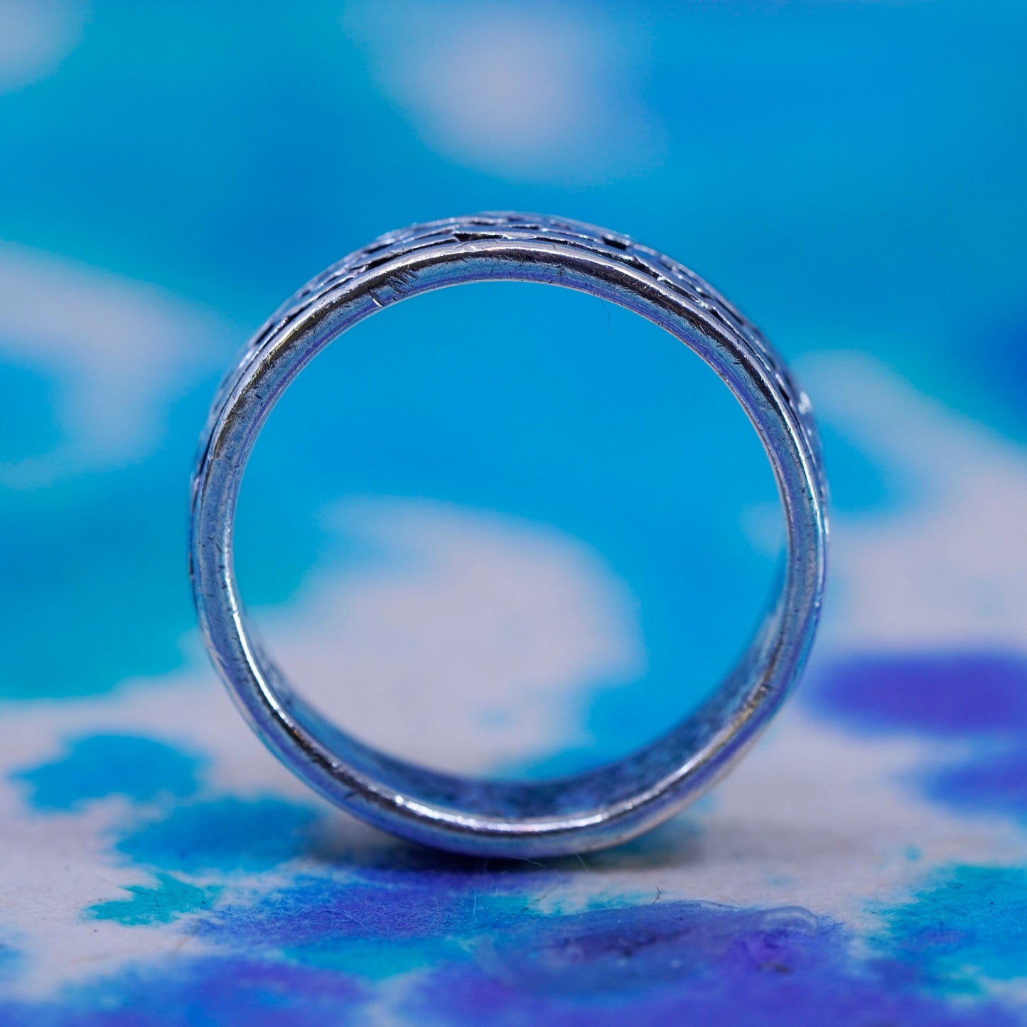 Size 8, vintage wheeler Sterling silver handmade ring, 925 band pattern relief