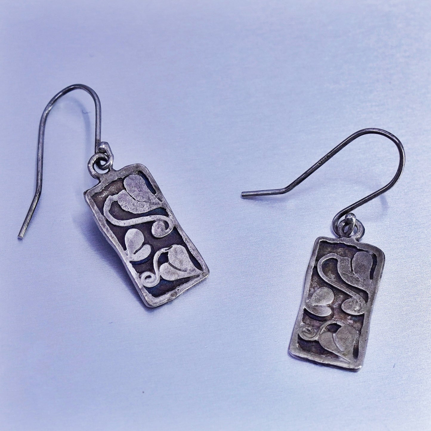 vintage Sterling silver handmade earrings, 950 tag dangles with heart engraved