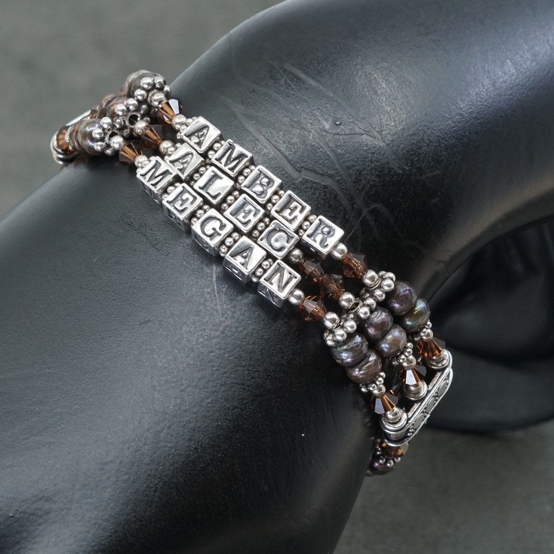6.75", VTG Sterling silver handmade bracelet w/ crystal beads amber Alec, Megan