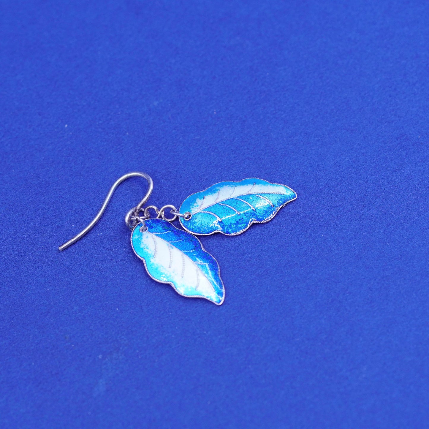 Vintage Sterling 925 silver handmade earrings, blue enamel leaves
