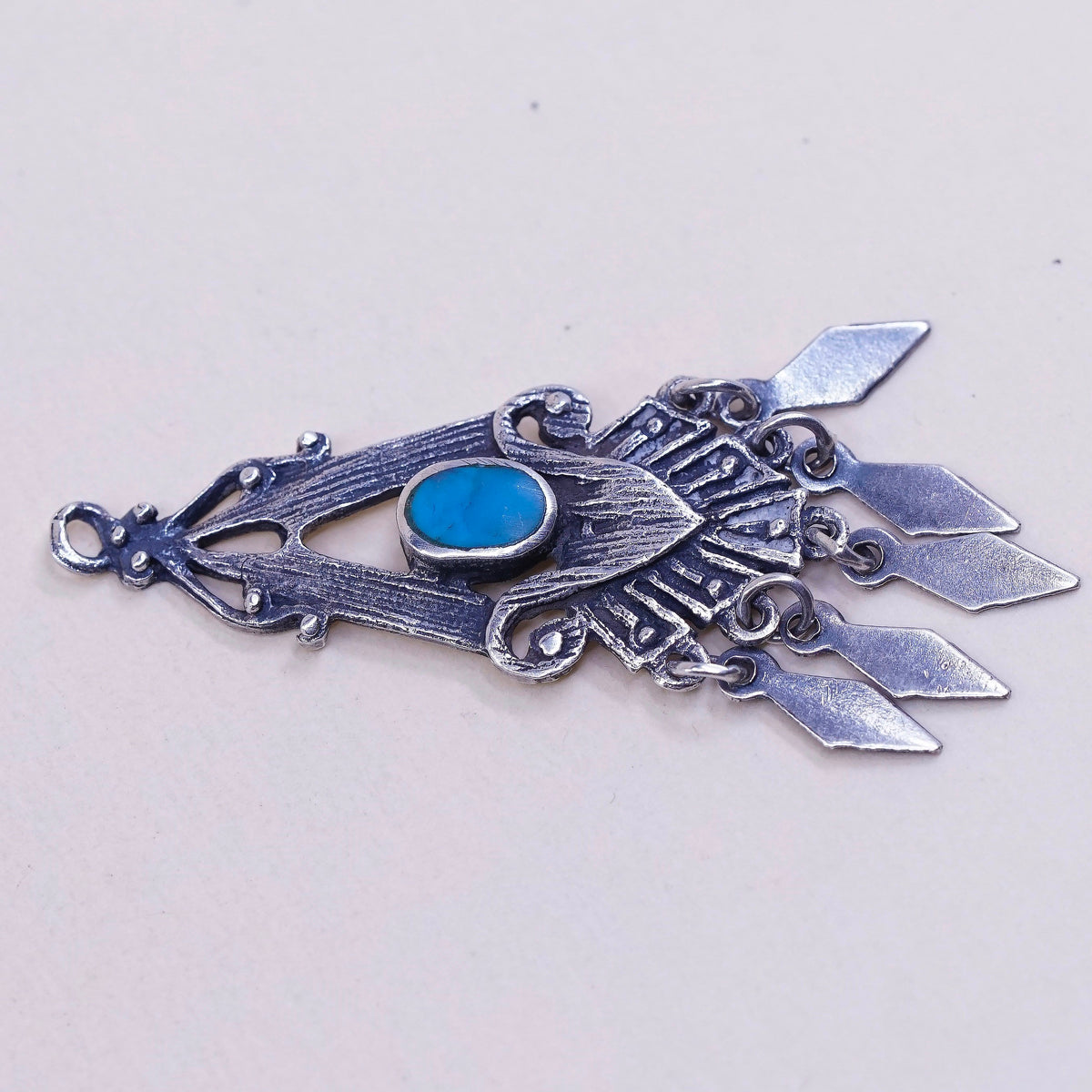 Sterling silver handmade pendant, 925 charm with turquoise and fringe dangles