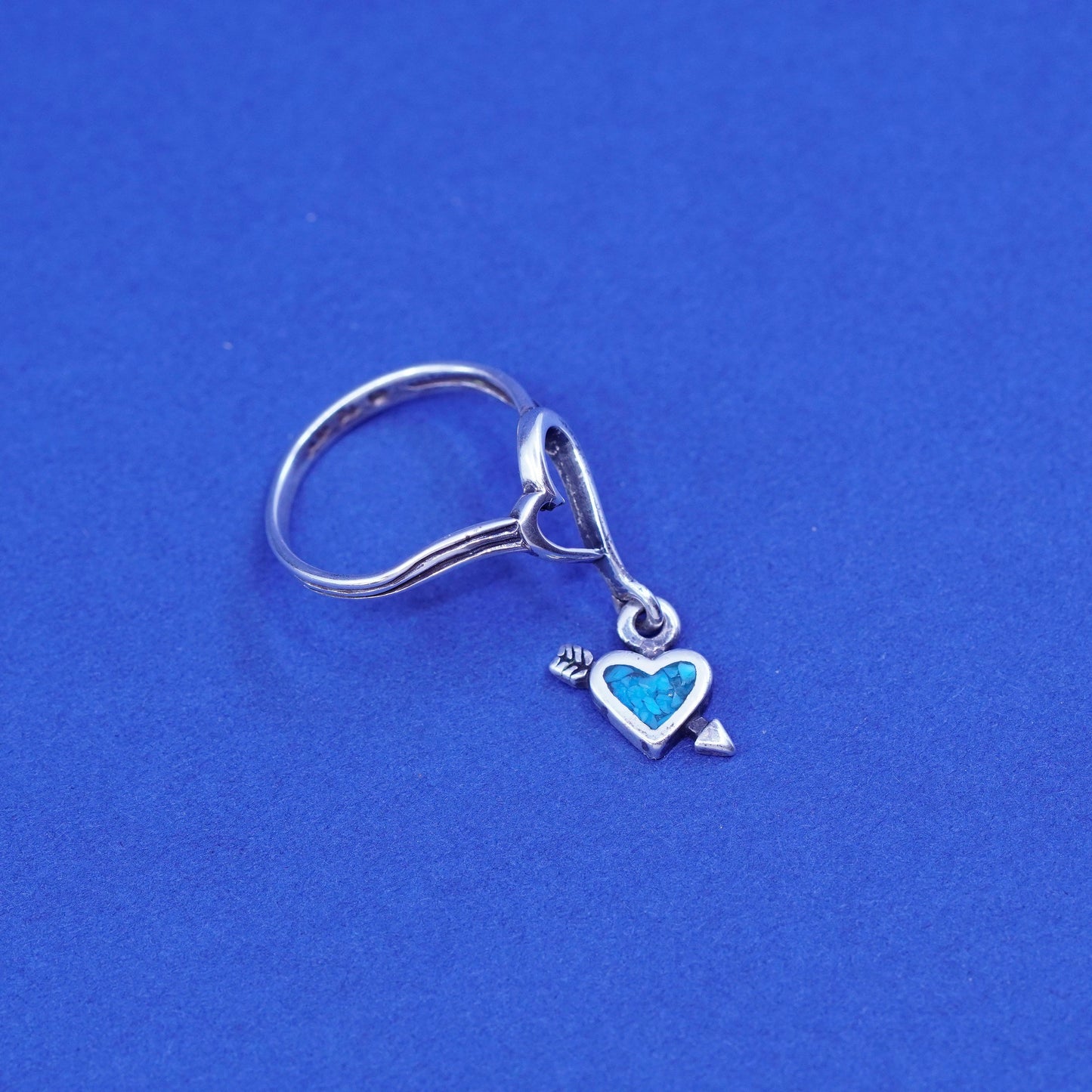 sz 4.75, Native American Sterling 925 silver ring band w/ turquoise heart charm