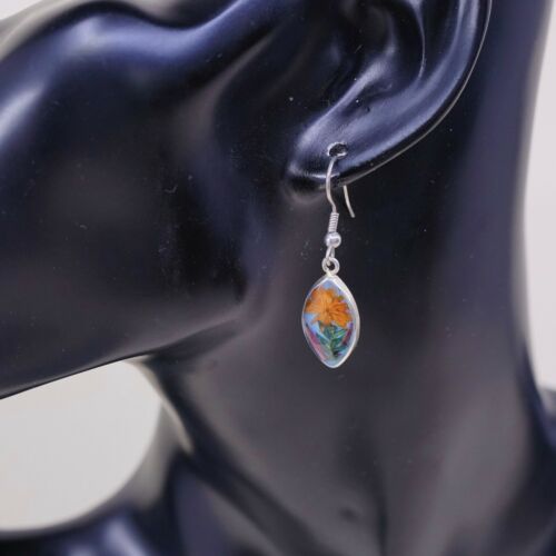 Vtg Alpaca Silver Handmade Earrings, Marquise Resin Sun Flower, Stamped