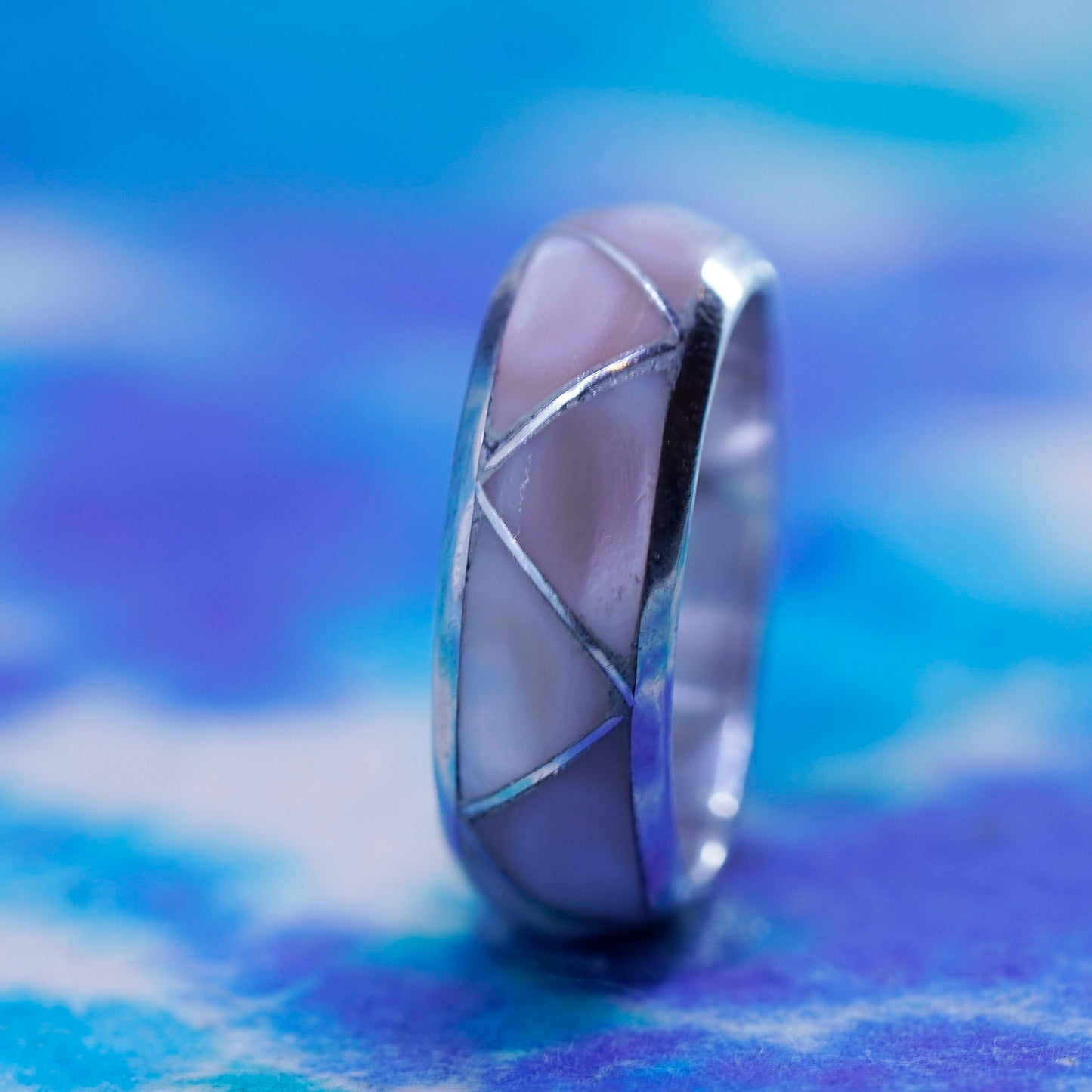 Size 5, vtg Sterling silver handmade swirl ring, 925 band pink mother of pearl