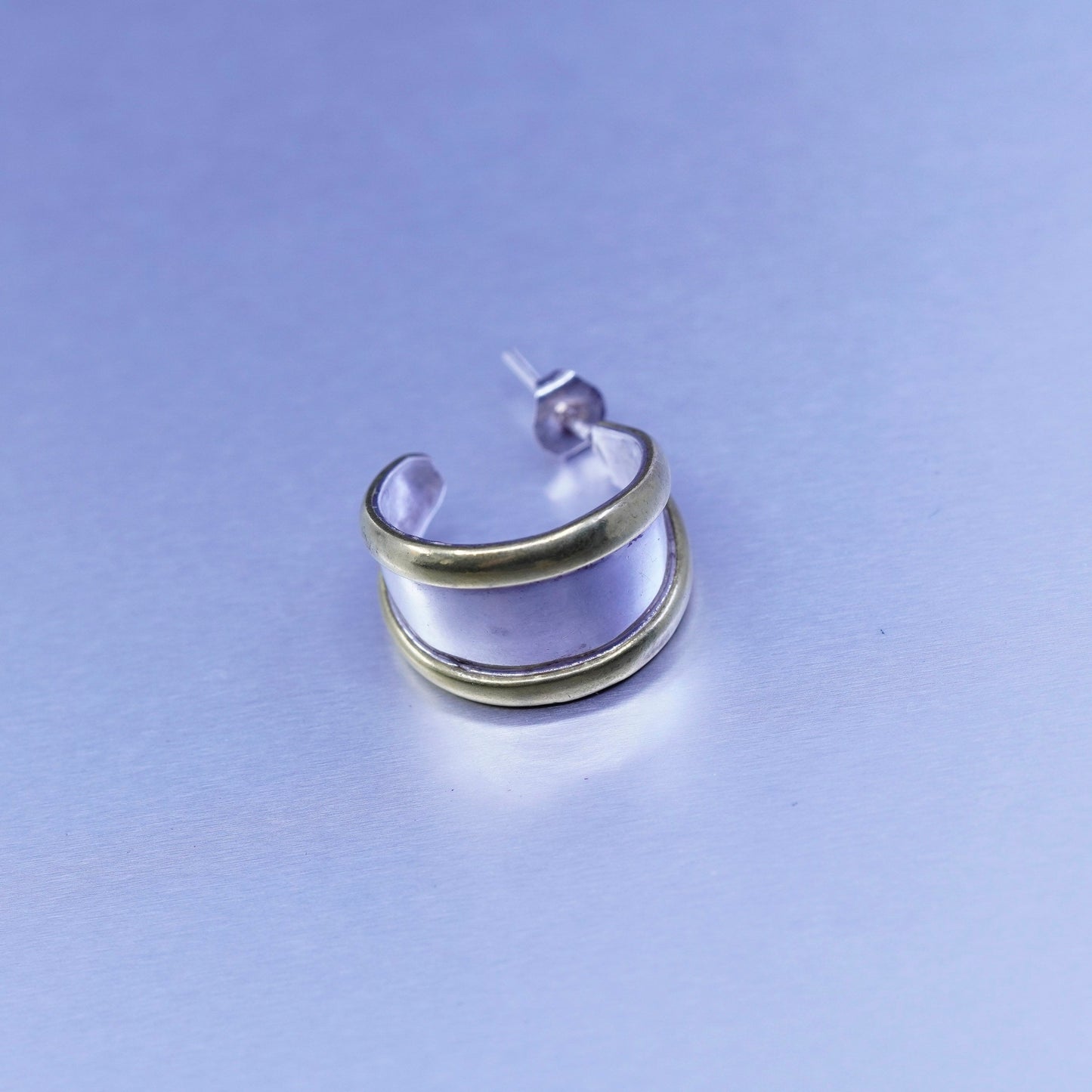 0.75”, two tone Sterling silver earrings, modern 925 Huggie hoops brass trim