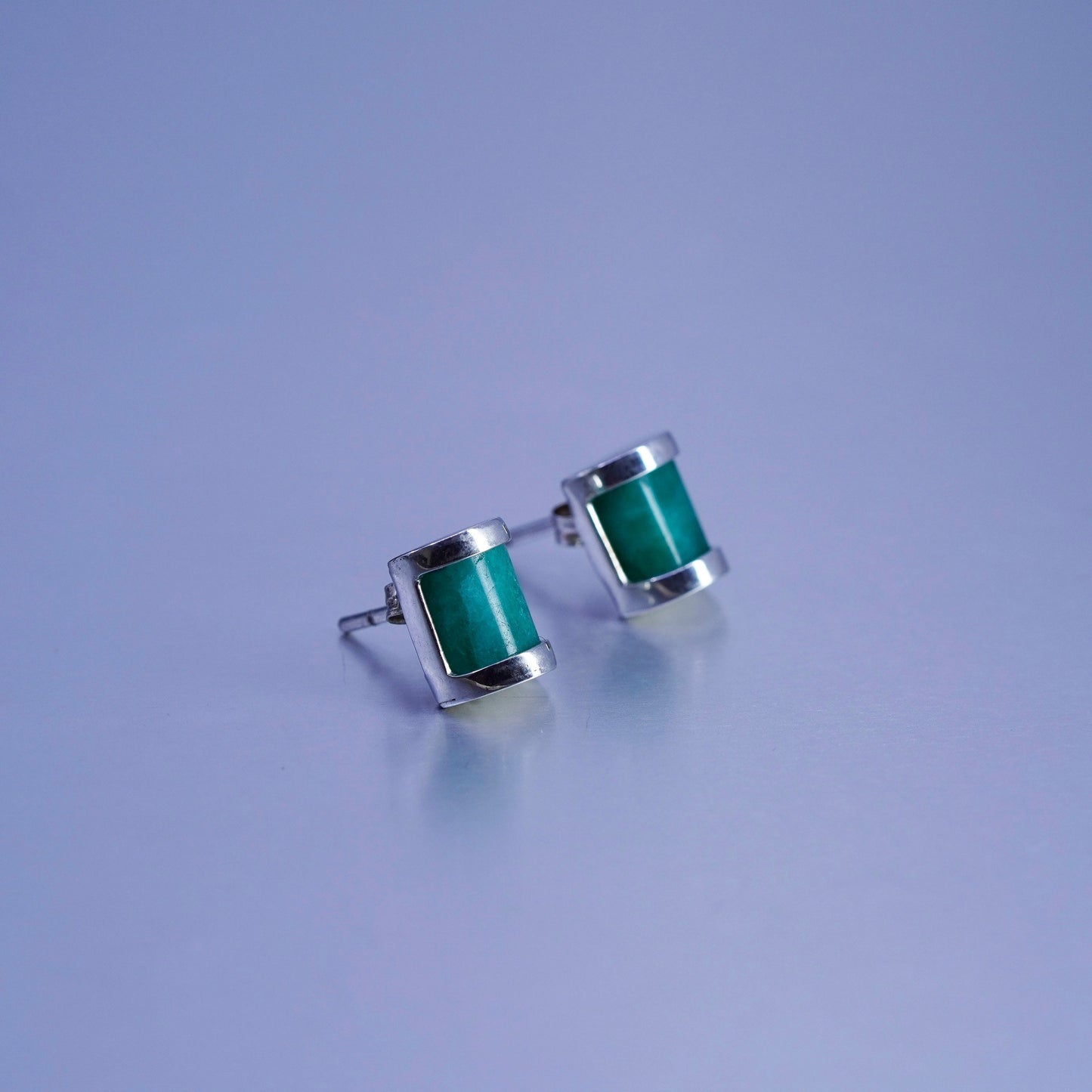 Vintage Sterling 925 silver earrings, square studs with jade