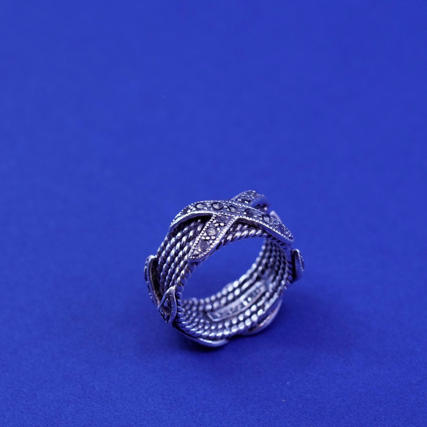Size 5.25, vtg Sterling silver handmade ring, 925 X cross band with marcasite