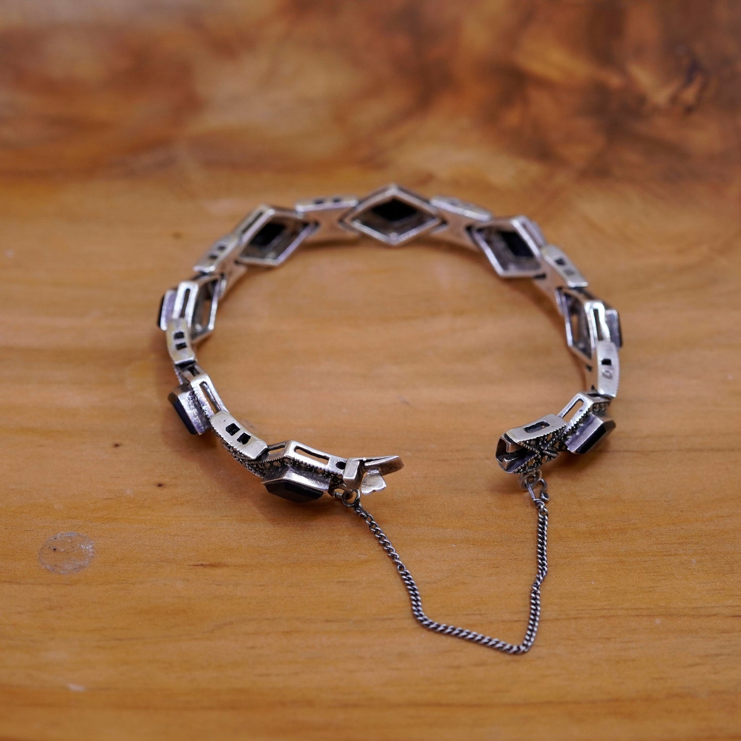 6.75”, Sterling silver handmade bracelet 925 tennis bracelet marcasite obsidian