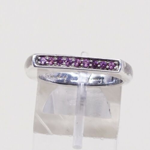 Sz 7.25, Designer Vtg Sterling Silver Ring, 925 Modern Stackable Ring W/ pink Cz