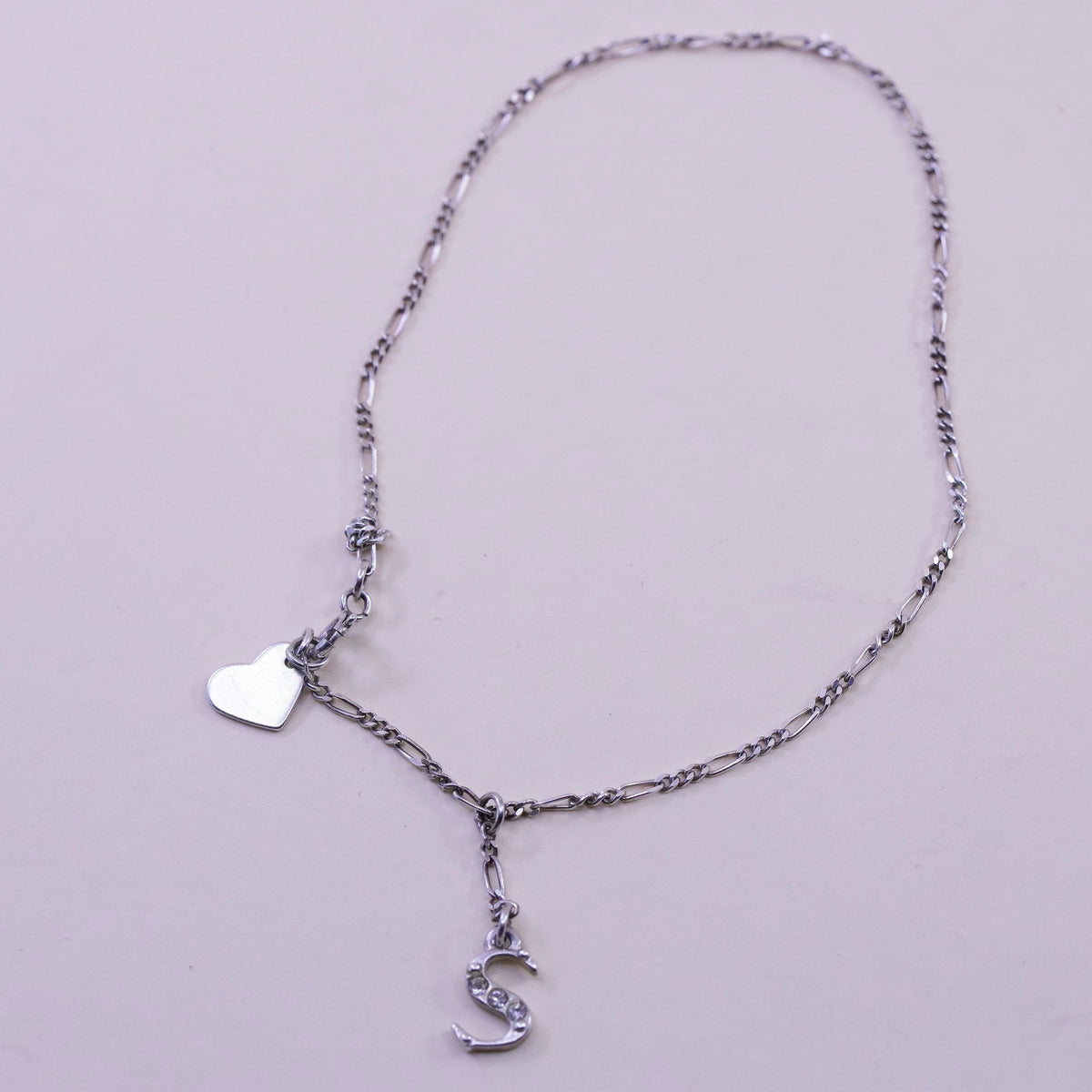 9.25”, sterling silver ankle bracelet, 925 chain, figaro anklet heart charm