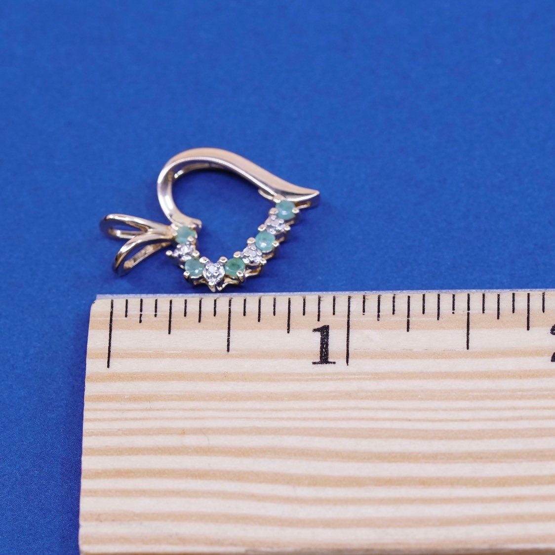 vtg Vermeil gold Sterling silver handmade pendant, 925 heart w/ diamond N jade