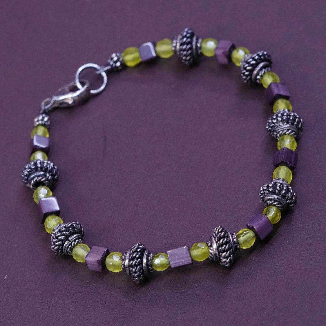7", Sterling 925 silver bracelet w/ peridot N golden tiger eye beads bracelet