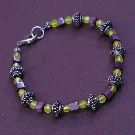 7", Sterling 925 silver bracelet w/ peridot N golden tiger eye beads bracelet