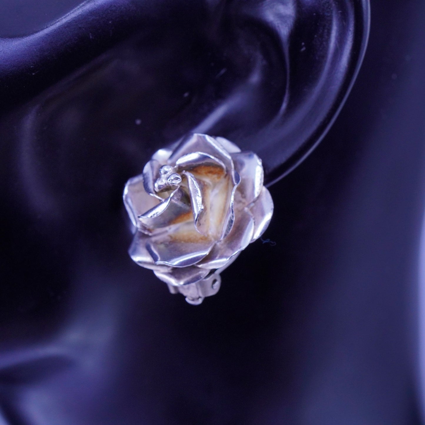 Vintage Mexico Sterling 925 silver handmade earrings, rose flower clip on