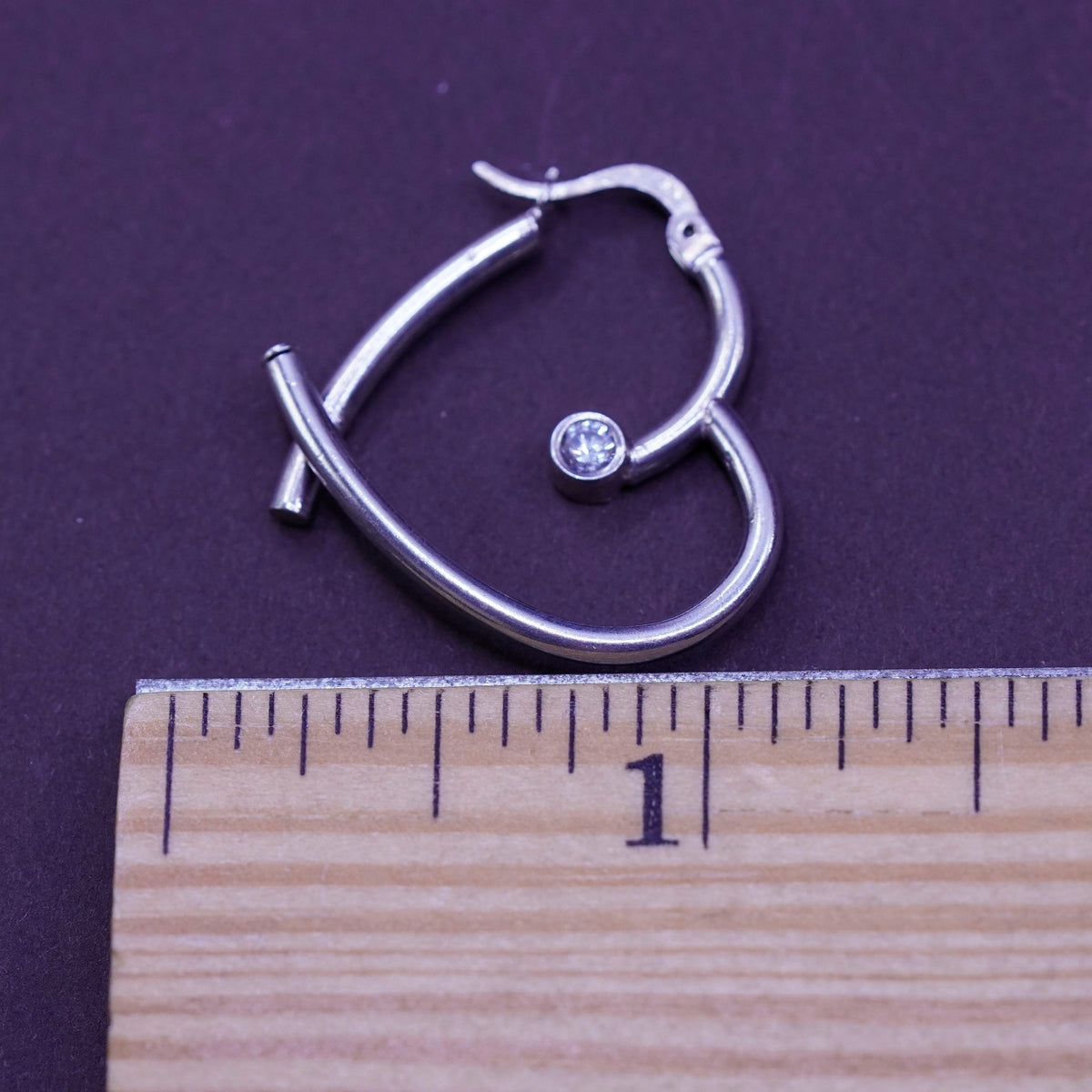 1”, vintage Sterling 925 silver heart hoop earrings with cz, 925 huggie