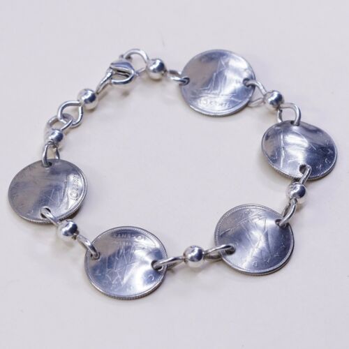 6.75”, Vtg Sterling 925 Silver Handmade Bracelet, Canada 10 Cents Coin Link
