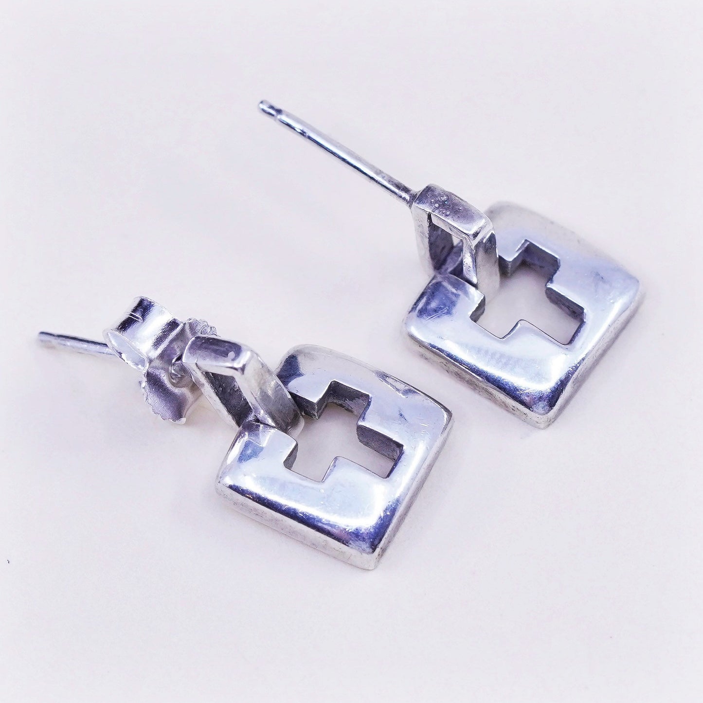 Vintage Sterling 925 silver handmade earrings with square cross cut out