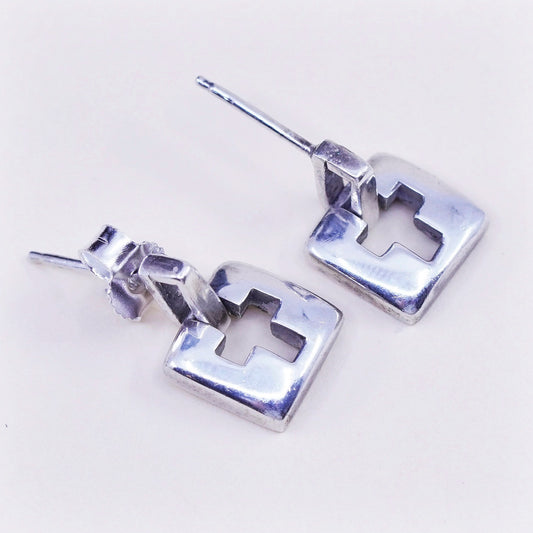Vintage Sterling 925 silver handmade earrings with square cross cut out