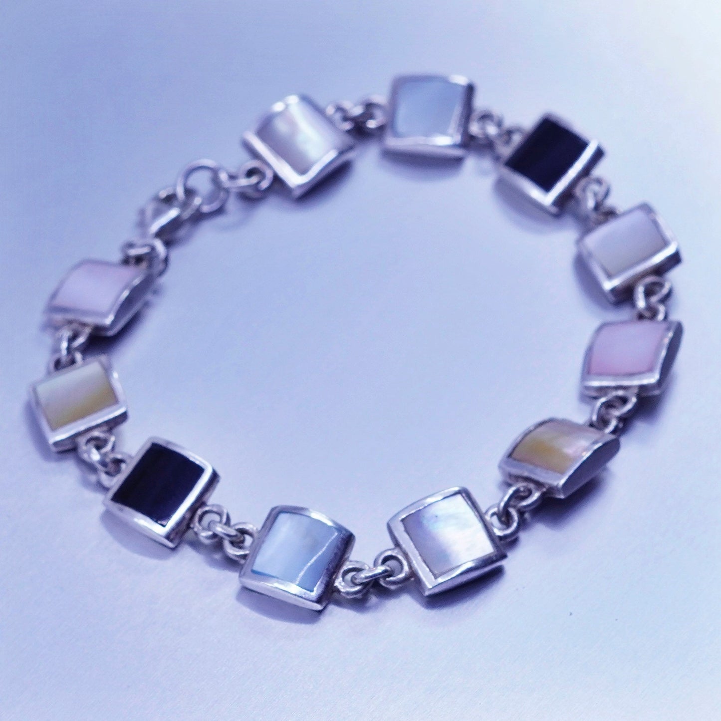 7”, Sterling 925 silver tennis bracelet chain with mother of pearl and obsidian