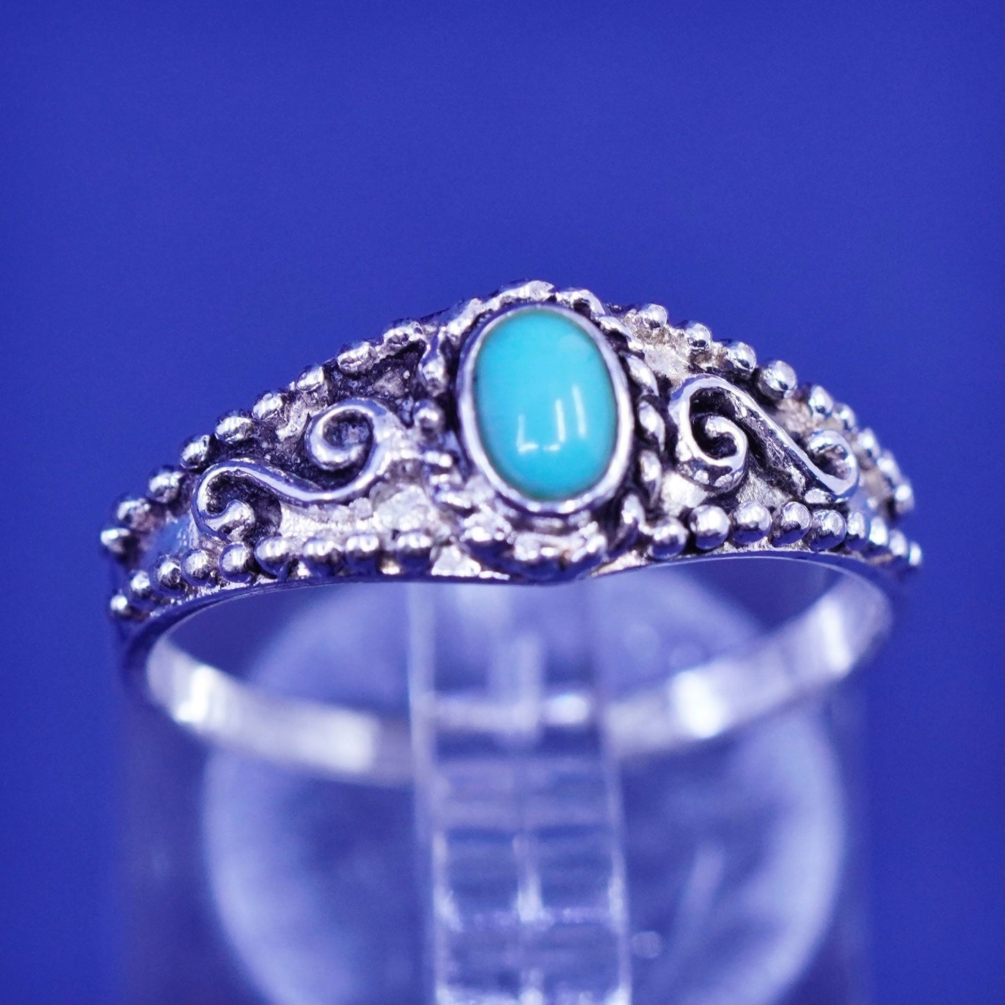 Size 8, vintage sterling silver handmade ring, 925 filigree band with blue onyx