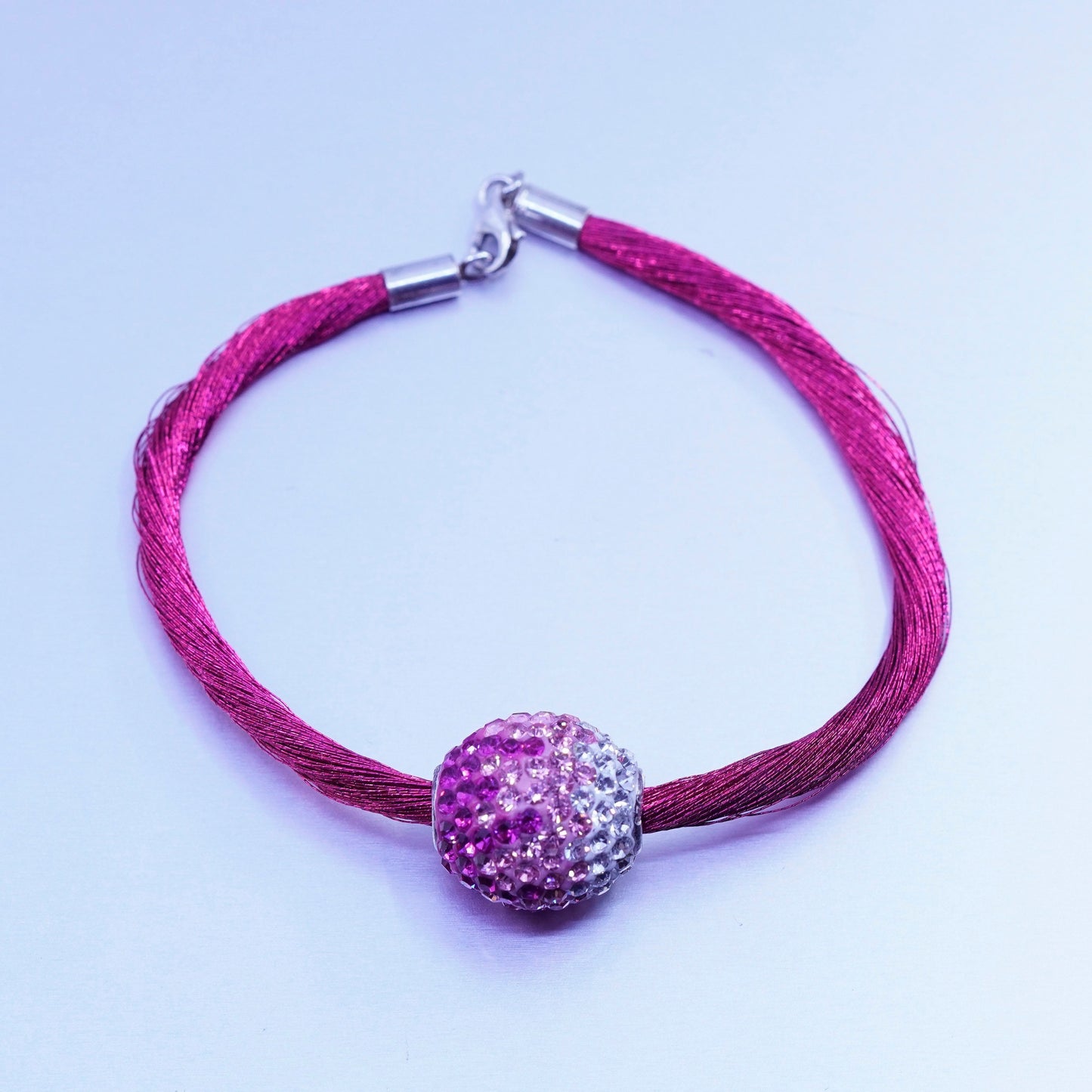 6.5”, vtg Sterling 925 silver handmade bracelet, pink silk thread chain bead