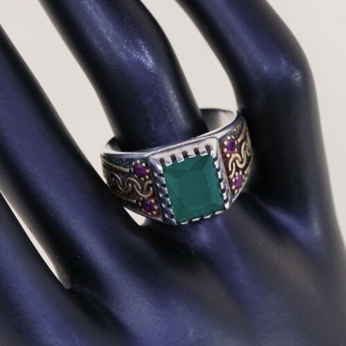 Sz 11 Vtg Two Tone Sterling 925 Silver Handmade Statement Ring W/ Emerald N Ruby