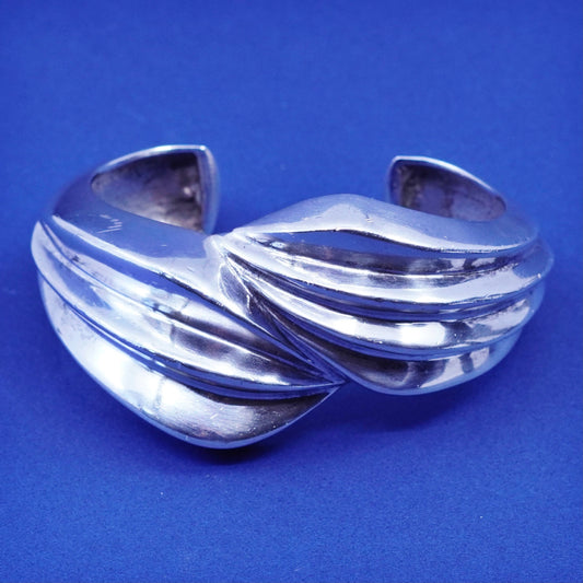 6.5”, vtg Sterling silver handmade bracelet, wide solid 925 ribbed wavy cuff