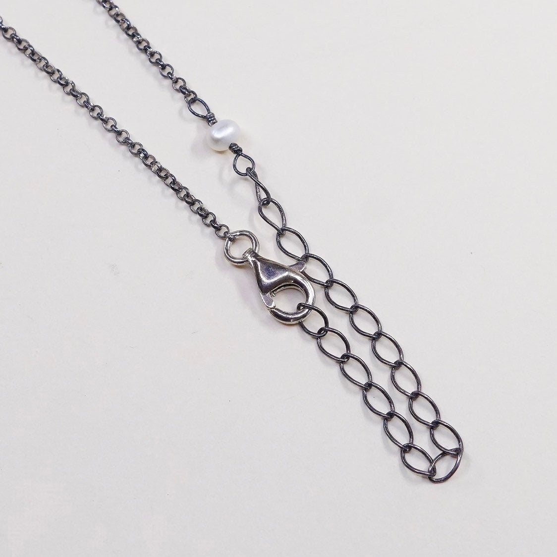 16”+3”, vtg handmade Sterling silver chain w/ pearl N jade beads