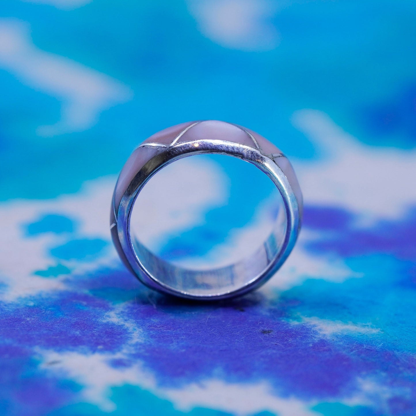 Size 5, vtg Sterling silver handmade swirl ring, 925 band pink mother of pearl