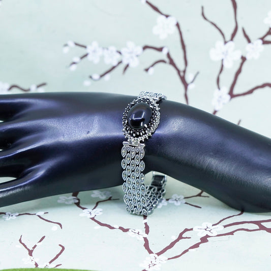 7”, vintage sterling 925 silver handmade tennis bracelet w/ obsidian marcasite
