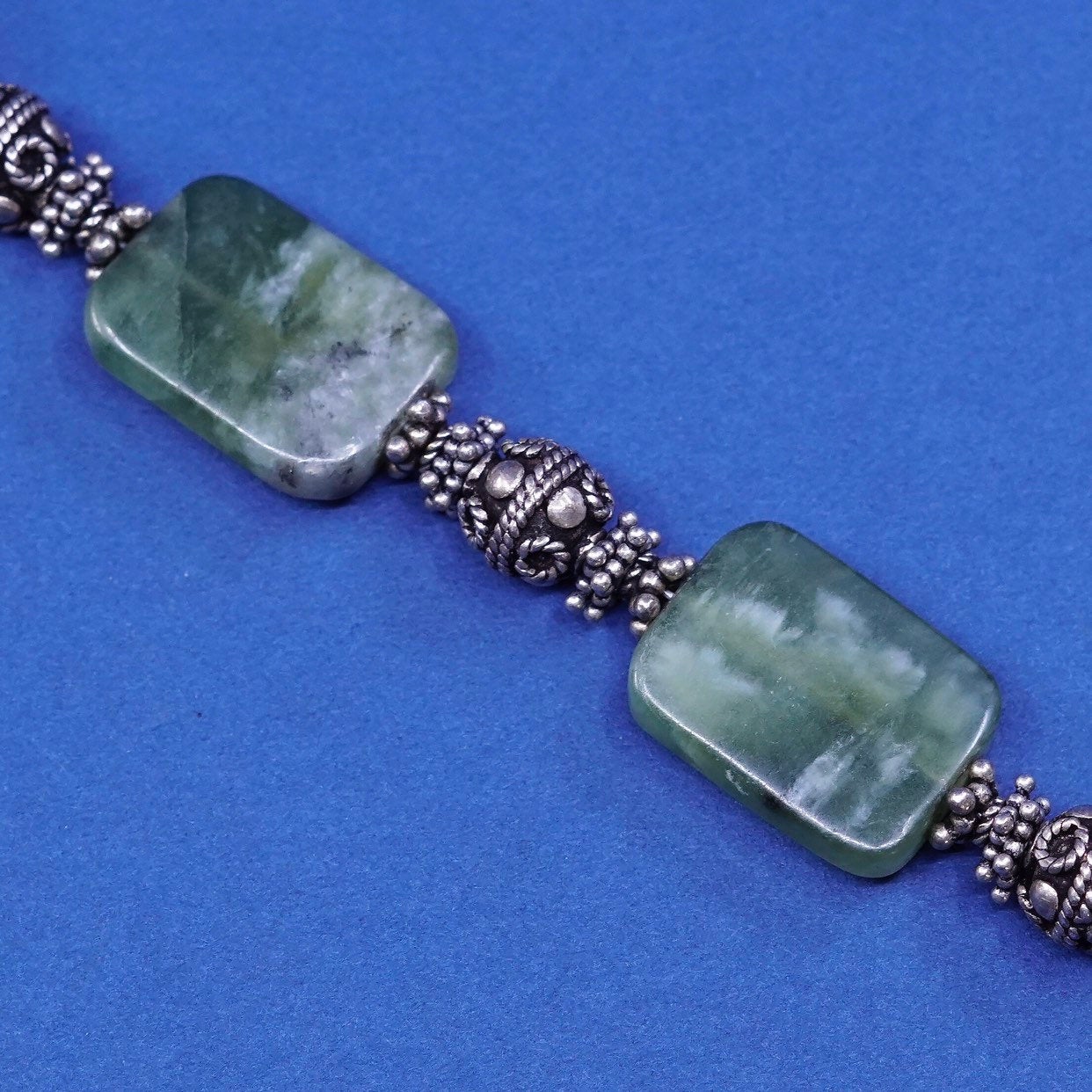 7", vtg Sterling silver handmade bracelet, 925 bar w/ jade