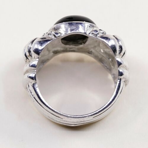 Sz 6.5, Vtg Sterling Silver Handmade Ring, 925 Band W Obsidian N Bali Beads