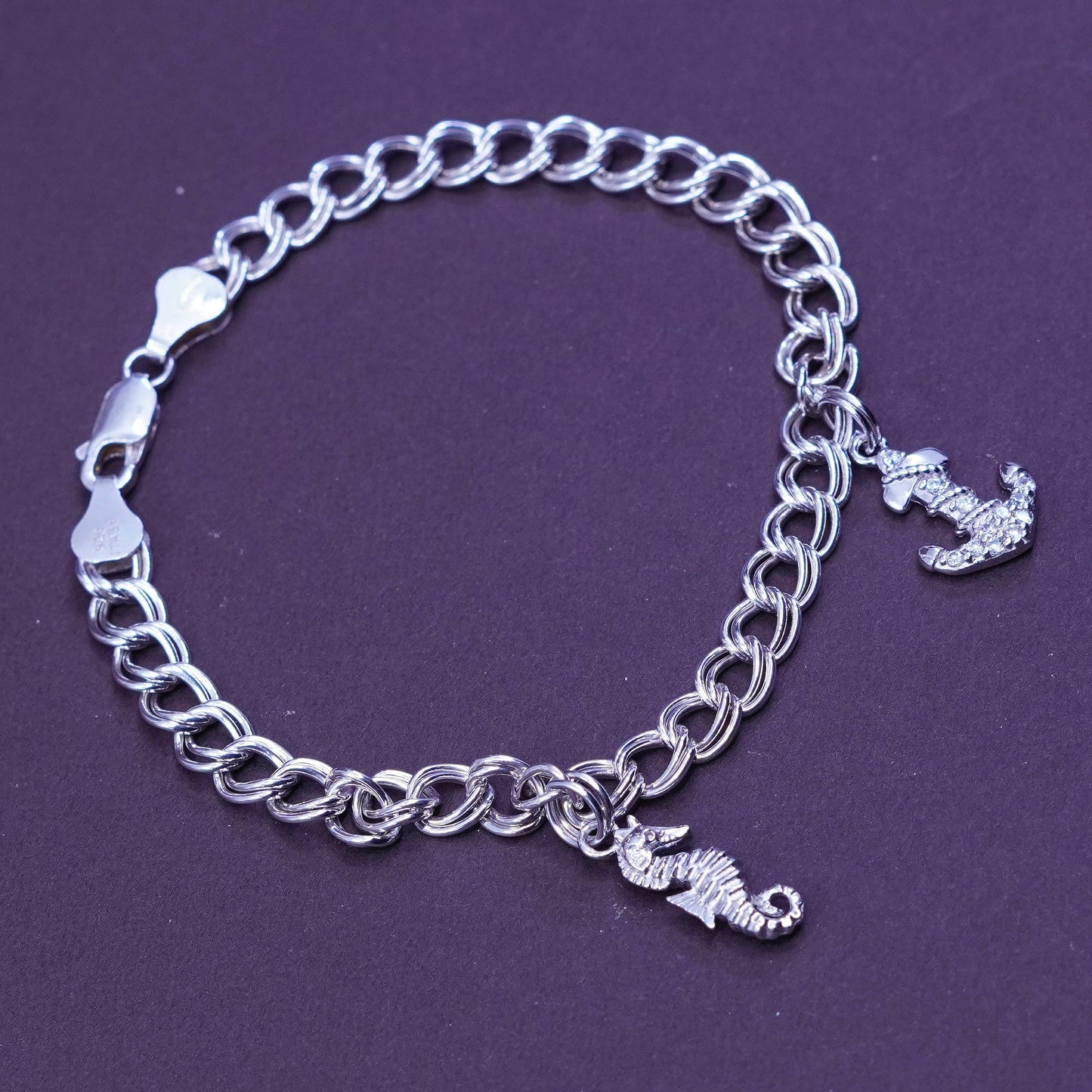 6.5”, PGOA Sterling silver double curb chain, 925 bracelet w/ seahorse anchor