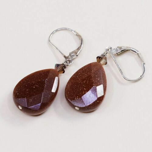 Vintage handmade Sterling 925 Silver Earrings With Goldstone Beads, Stamped 925