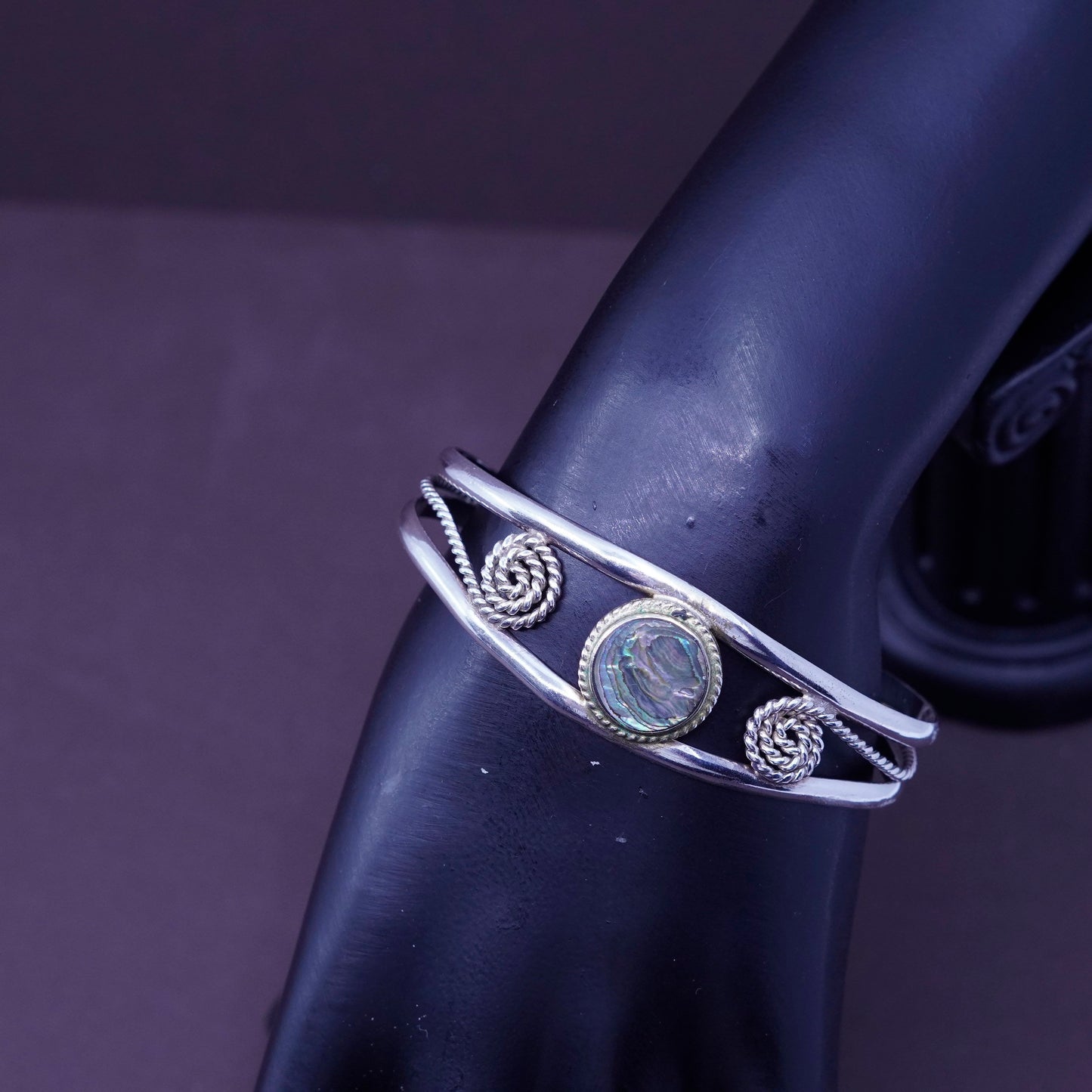 6.25”, Vintage handmade bracelet, alpaca silver with abalone Inlay
