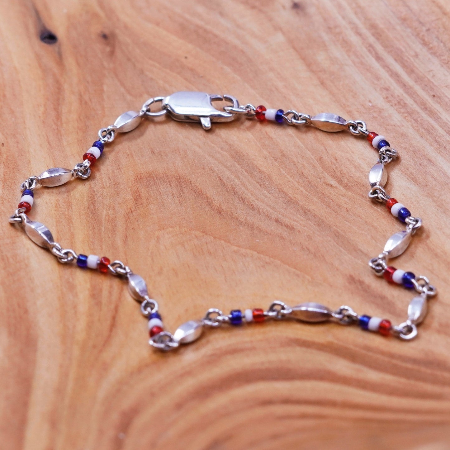 9.25”, vintage Sterling 925 silver handmade bracelet anklet w/ beads and nugget