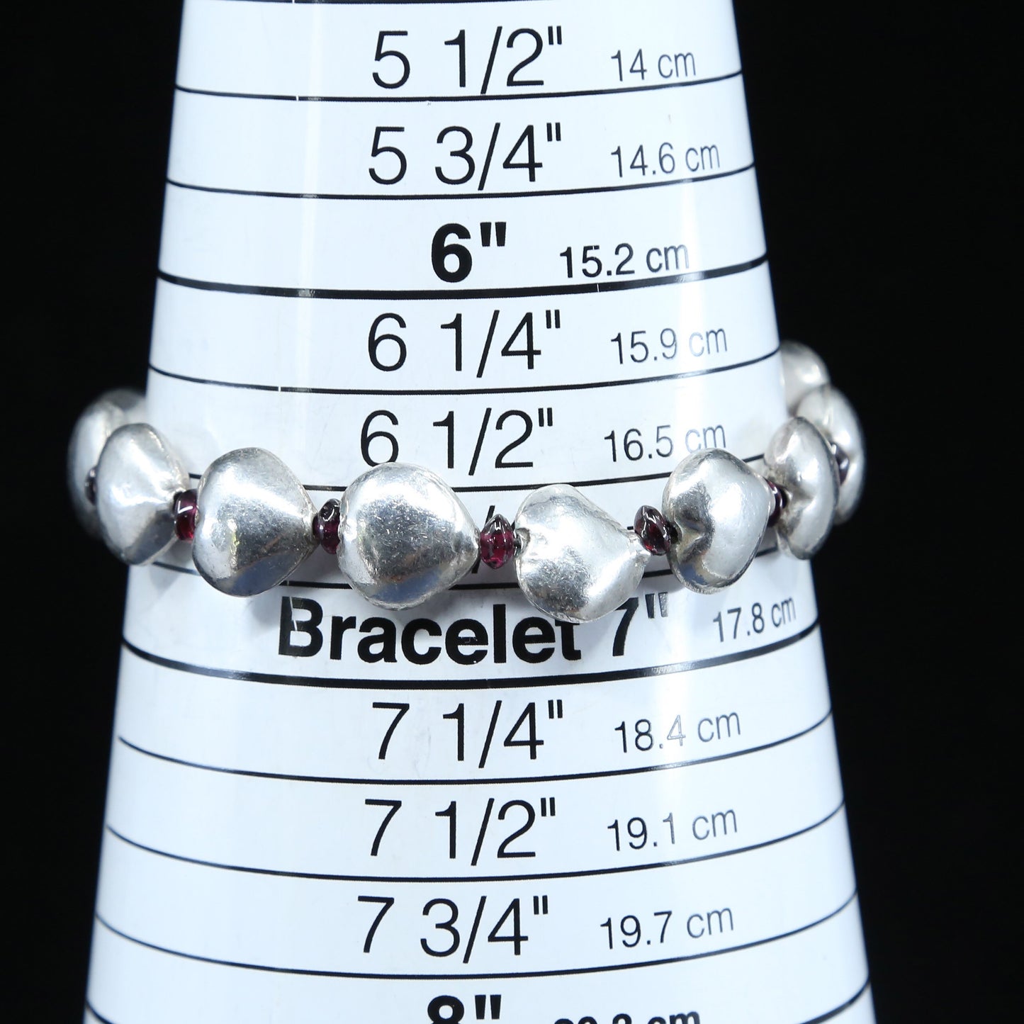 6.75", vtg Sterling silver handmade bracelet, 925 heart beads w/ cross charm