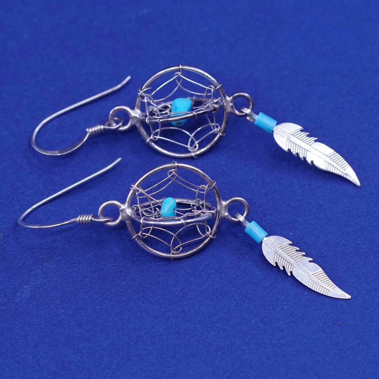 sterling silver earrings, 925 netted circle with turquoise and feather dangles