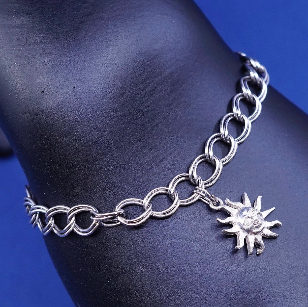 7.25" 6mm, Sterling silver handmade charm bracelet 925 double curb chain w/ sun