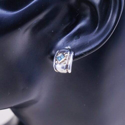 Vtg 14K Yellow Gold Sterling Silver Handmade Earrings, 925 Studs W/ Blue Topaz
