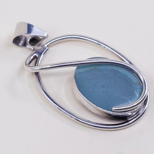 Vtg Mexico Sterling 925 Silver Slide Pendant W/ Oval Turquoise, Stamped 925