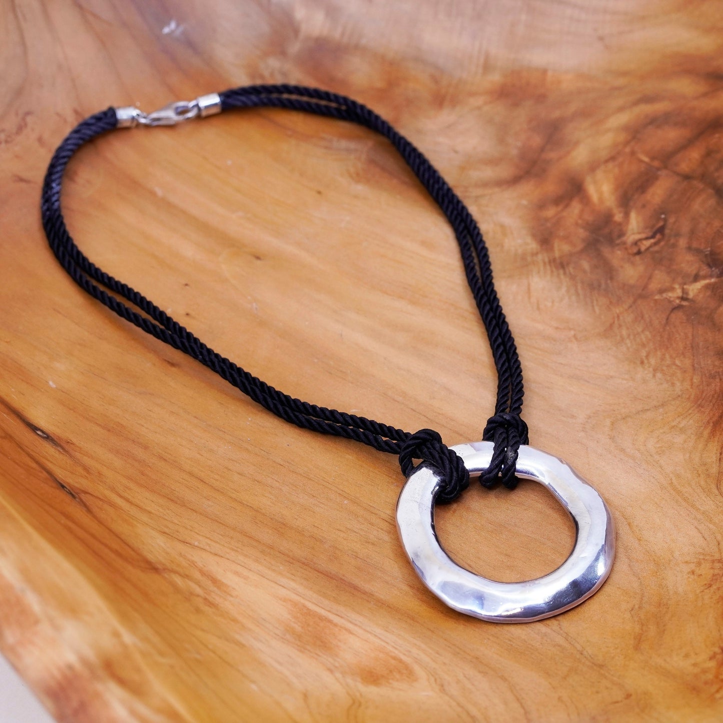 16”, vtg Sterling 925 silver circle pendant with black silk rope chain necklace